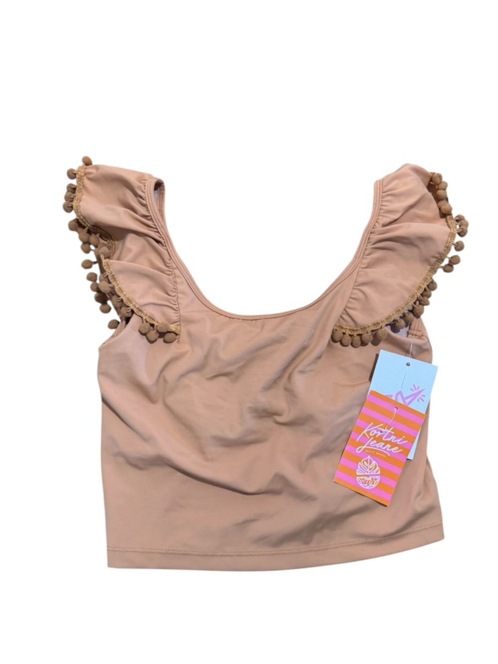 NWT Kortni Jeane Pom Pom Wide Strap Ribbed Bikini Tankini Flounce Top Medium